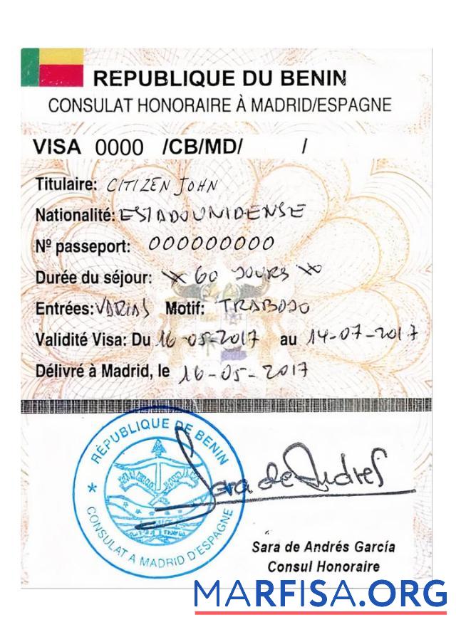 Downloadable Benin travel visa example